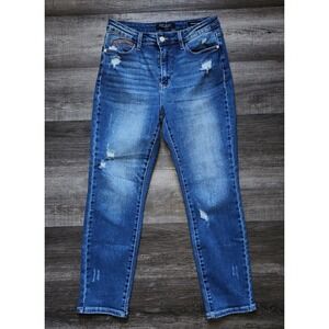 Judy Blue Women's 9/29 Distressed Straight Leg Rainbow Embroidered Jeans
